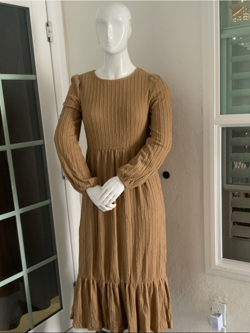 Long Sleeve Tan Textured Midi Dress - Picture 2 of 7